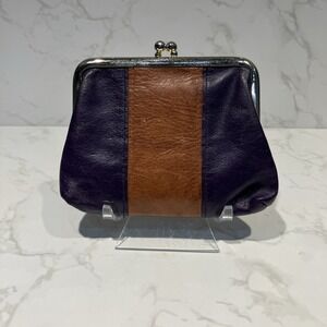 Buxton Women Genuine Leather Brown/Dark Purple Coin Holder Kiss Lock Closure Vtg